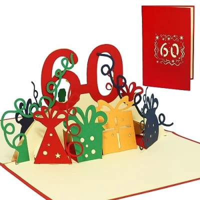 Abbildung von LINPOPUP® Pop Up Karte 60 Geburtstag, 3D Geburtstagskarte mit Umschlag, Happy Birthday Gutscheinkarte zum Geschenk für Freund, Mann, Jubiläum, Zahl rot, N22