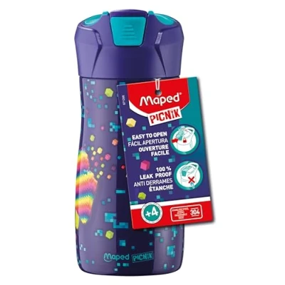 Abbildung von Maped PICNIK Edelstahl Trinkflasche PIXEL PARTY 430 ml für Kinder mit Pipettensystem Wasserdicht Einfaches Öffnen Knopfdruck Edelstahlgehäuse