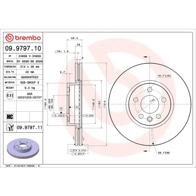 Abbildung von BREMBO COATED DISC LINE 09.9797.11 Bremsscheibe 313 26 5 innenbelüftet beschichtet hochgekohlt FORD: Galaxy Mk1 MPV, VOLKSWAGEN: TRANSPORTER 4 Bus