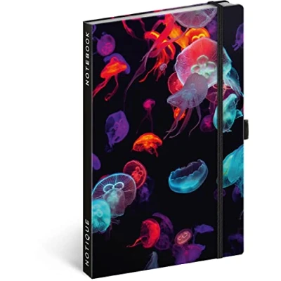 Abbildung von Notizbuch Liniert mit Gummiband 13x21cm ca. A5, Hardcover Notebook, Notizblock, Notizheft, Journal, Tagebuch für Erwachsene, Damen (Quallen)
