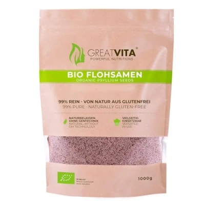 Abbildung von GreatVita Bio Flohsamen 1000g 99% reine ganze zertifizierte Qualität aus Indien reich an Ballaststoffen &amp; glutenfrei, vegan ideal für eine gesunde Ernährung