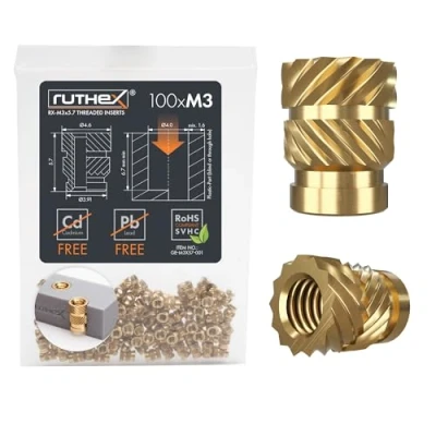 Abbildung von ruthex M3 Gewindeeinsatz 100 Stück RX M3x5.7 BLEIFREIE Gewindebuchsen aus Messing stabile Einpressmutter für Kunststoffteile durch Wärme in 3D Druck Teile Kunststoff einschmelzen