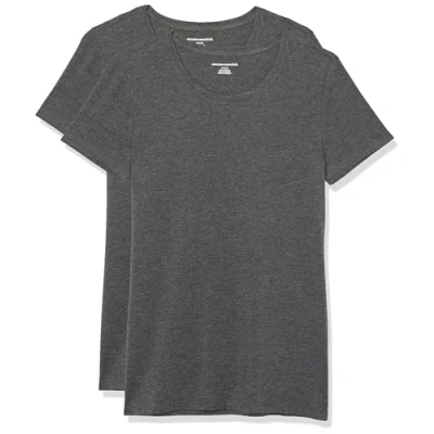 Abbildung von Amazon Essentials Damen Kurzärmeliges T Shirt mit Rundhalsausschnitt, Klassischer Schnitt, 2er Pack, Dunkelgrau Meliert, S