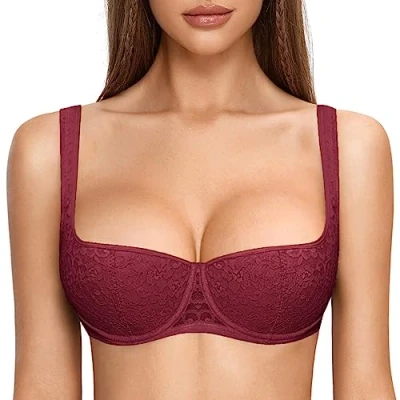 Abbildung von DOBREVA Damen Push Up BH Dirndl Bügel Balconette Spitzen Sexy Leicht Gepolstert Große Größen Dunkelrot 95B