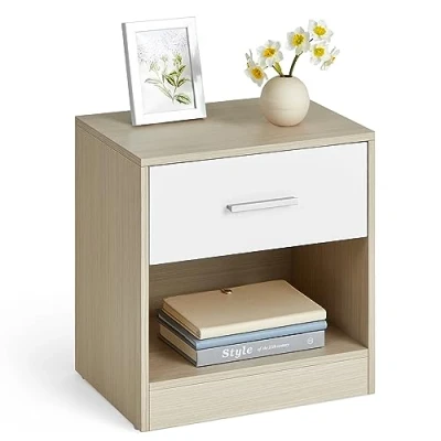 Abbildung von VASAGLE Nachttisch, Beistelltisch, mit Schublade, Griff, offenes Fach, Couchtisch, für Schlafzimmer, Wohnzimmer, naturbeige wolkenweiß LET619T67