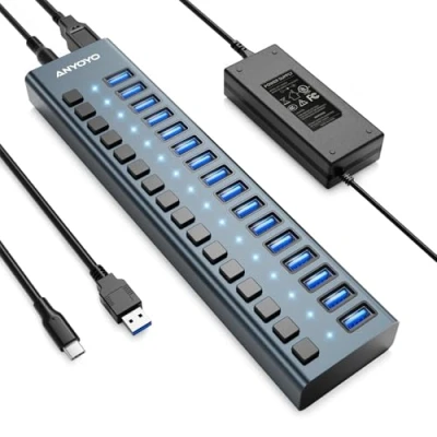 Abbildung von USB Hub 3.1 mit 90W Netzteil, 16 Port Aluminum Aktiv 12V/7.5A Netzteil für Laptop, PC, Computer, Mobile HDD, Flash Drive