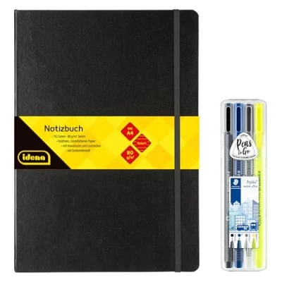 Abbildung von Idena 90342 Notizbuch DIN A4 mit 192 Seiten, liniert, inkl. STAEDTLER Triplus Mobile Office Set Fineliner, Kugelschreiber, Druckbleistift und Textmarker
