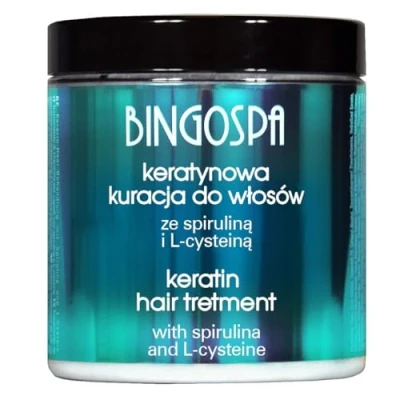 Abbildung von Keratin Haarbehandlung Haarkur für brüchiges Haar, strapaziertes geschädigtes Haar und Spliss mit Spirulina L cystein 250 g BINGOSPA