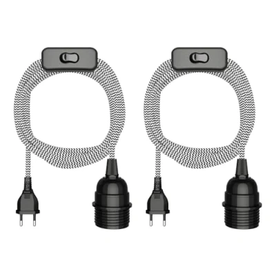 Abbildung von ledscom.de 2 Stück Textilkabel LEKA, Stecker, Schalter, schwarz, weiß, gezackt, 3 m, Lampen Fassung, 1x E27 max. 60W