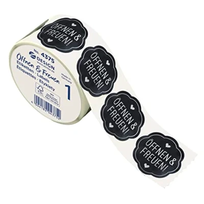 Abbildung von AVERY Zweckform 600 Aufkleber Öffnen und Freuen (Made in Germany, Ø38 mm, schwarze Geschenkaufkleber silberne Schrift, selbstklebende Geschenkdeko, Karten, Tüten, Gutscheine) Sticker auf Rolle, 4375