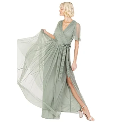 Abbildung von Anaya with Love Damen Ladies Maxi Dress Women V Neckline Short Sleeve Frilly Long Empire Waist for Wedding Guest Bridesmaid Maid of Honour Kleid, Frosted Green, 36
