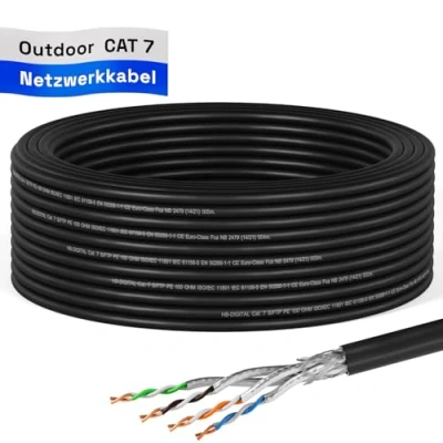 Abbildung von HB DIGITAL 15m Cat 7 LAN Kabel Netzwerkkabel Verlegekabel Outdoor AWG23 S/FTP doppelt geschirmt PIMF Reines Kupfer 1000MHz/10Gbits Netzwerk Installation Ethernet Datenkabel für Außenbereich Schwarz