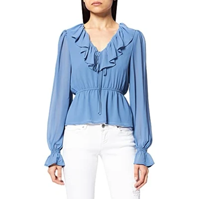 Abbildung von NA KD Damen Frill V Neck Chiffon Blouse Bluse, blau, 32 EU