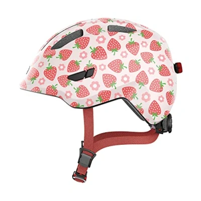 Abbildung von ABUS Kinderhelm Smiley 3.0 LED Fahrradhelm mit Licht tiefe Passform &amp; Platz für einen Zopf Mädchen und Jungs Rosa Erdbeer Muster, Größe S, S (45 50 cm)
