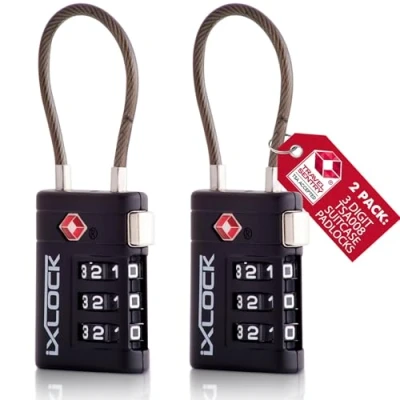 Abbildung von iXLOCK Kabelschloss 3 Stellig Zahlenschloss Kofferschloss Vorhängeschloss Gepäckschloss Sicherheitsschloss TSA Lock Cable USA Schloss Zahlencode für Reisekoffer Spind Rucksack Luggage:2 Schwarz