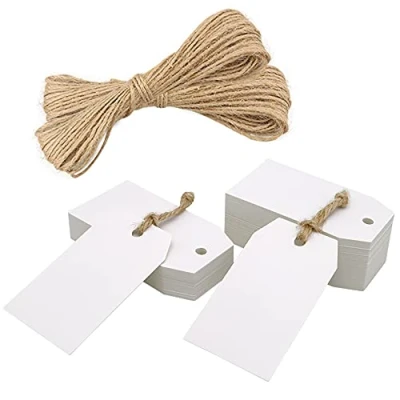 Abbildung von Kraftpapier Anhänger Geschenkanhänger Etiketten 7 * 4cm, 100stk. mit Jute Schnur, für Weihnachtsgeschenke Hochzeitsgeschenke Partygeschenke (Weiß)