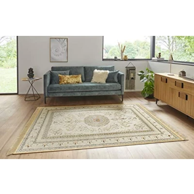 Abbildung von Nouristan Naveh Orient Teppich Wohnzimmerteppich Orientalisch Kurzflor mit Fransen Vintage Orientalischer Samt für Esszimmer, Wohnzimmer, Schlafzimmer Creme, 95x140cm