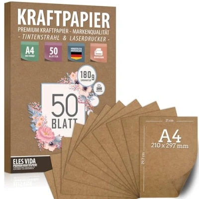 Abbildung von 50 Blatt Kraftpapier A4 Set 180 g 21 x 29,7 cm DIN Format Bastelpapier &amp; Naturkarton Pappe Blätter aus Kraftkarton zum Drucken, Kartonpapier Basteln für Vintage Hochzeit Geschenke Etiketten