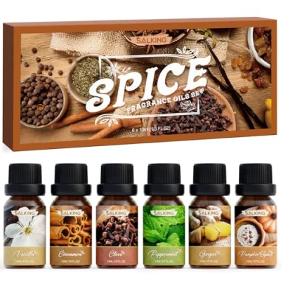 Abbildung von SALKING Herbst Gewürze Ätherische Öle Set, Aromatherapie Duftöl GeschenkSet, Duftöle für Diffuser Luftbefeuchter,6x10 ml Vanille, Zimt, Nelke, Kürbisgewürz, Pfefferminze und Ingwer