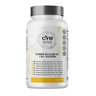 Abbildung von CYB Vitamin D3 K2 Hochdosiert Calcium 500mg 2000 IE 50μg 80μg 90 Tabletten 6 Monats Vorrat Vegane Leicht Einzunehmen Eine Tablette alle zwei Tage