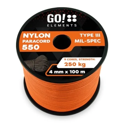 Abbildung von GO!elements 100m Paracord Seil aus reißfester Nylonschnur 4mm 550 Typ III Schnur geeignet als Allzweckseil &amp; Reepschnur Max. 250kg, Farbe:Orange