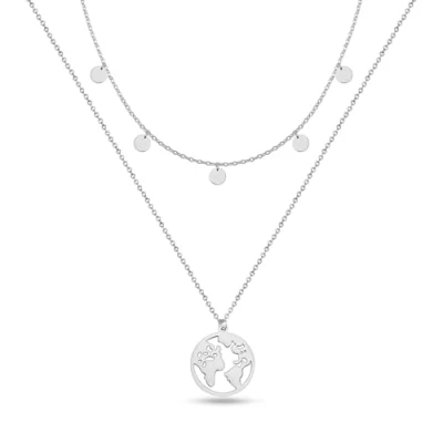 Abbildung von GD GOOD.designs Weltkugel Kette Silber mit Plättchen Mehrreihig für Damen Wasserfest I Layering Halskette Weltkarte und Coins Welt Travel Doppelkette