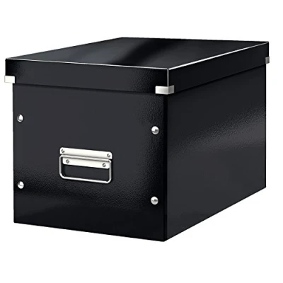 Abbildung von Leitz Click &amp; Store Aufbewahrungsbox mit Deckel Groß, Würfelbox passend für Kallax Regale in Wohnzimmer oder Büro, Box aus 80 % recycelter Premium Hartpappe, Stabile Metallgriffe, Schwarz, 61080095