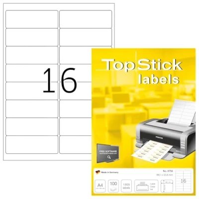 Abbildung von TopStick 8756 Adressetiketten, 100 Blatt, 99,1 x 33,8 mm, 16 pro A4 Bogen, 1600 Stück, selbstklebend, bedruckbar, matt, blanko Papier Adressaufkleber Etiketten, weiß