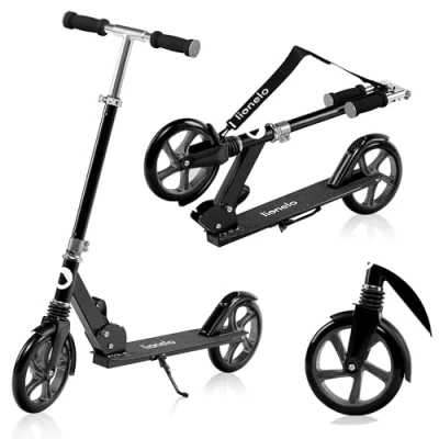 Abbildung von LIONELO Luca Klappbarer Roller für Kinder und Erwachsene bis 100kg, Verstellbar leicht nur 4kg, Robuste Konstruktion, 20cm Räder, Stoßdämpfende ShockResist Technologie, Hinterradbremse, Rutschfest