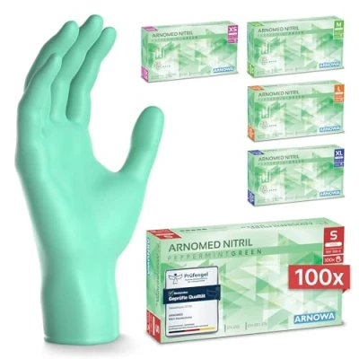 Abbildung von 100x ARNOMED Einweghandschuhe Grün, Nitrilhandschuhe S, Einmalhandschuhe, Handschuhe Einweg puderfrei, latexfreie Gummihandschuhe, in XS, M, L &amp; XL verfügbar