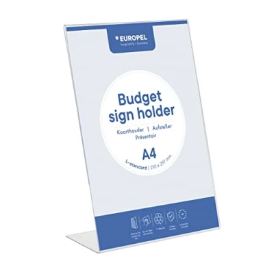 Abbildung von Europel Budget Tischaufsteller, L Ständer, DIN A4 Hoch, Polystyrol 1,5 mm, Speisekarten &amp; Prospektständer für Restaurants, Hotels, Konferenz Rezeption