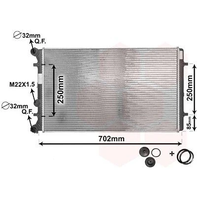 Abbildung von VAN WEZEL 03002129 Kühler, Motorkühlung Aluminium 650 400 25 *** IR PLUS mit Zubehör Kühlrippen gelötet VOLKSWAGEN: Golf 4, Bora Variant