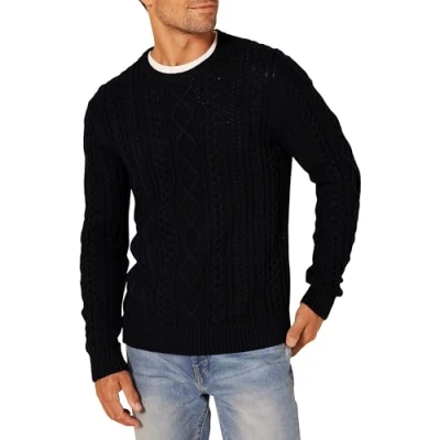 Abbildung von Amazon Essentials Herren Pullover mit Langen Ärmeln und Rundhalsausschnitt aus 100% Baumwolle Zopfmuster, Schwarz, S