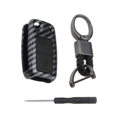 Abbildung von YINETTECH 2 Tasten ABS Carbon Fiber Shell Silikon Autoschlüssel Hüllen Cover Smart Key Fob mit Schlüsselanhänger Kompatibel VW Golf 4 5 6 (Schwarz)