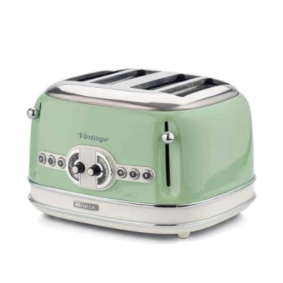 Abbildung von Ariete Vintage 156, 4 Scheiben Toaster, Retro Toaster mit 6 Toaststufen, Automatischer Auswurf, Auftaufunktion, Herausnehmbares Krümelfach, Gehäuse aus Edelstahl, 1600W, Grün