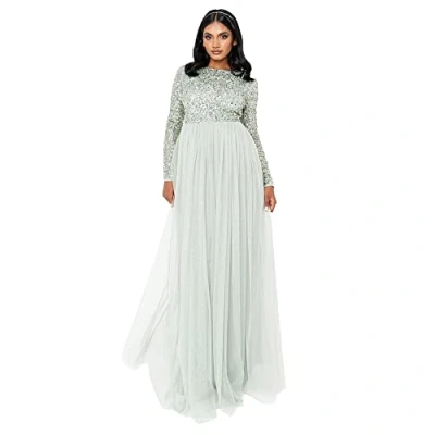 Abbildung von Maya Deluxe Damen Women&#039;s for Wedding Guest Plus Size Large Rich High Waist Sequins Long Sleeve Prom Evening Bridesmaid Dress, Green Lily, 38 EU