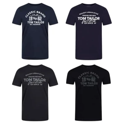 Abbildung von TOM TAILOR Tshirt Herren Baumwolle Regular Fit 4er Pack Set Rundhals Kurzarm Sommer Tee Shirt Logoprint 100% Baumwolle, Größe:M, Farbe:Knitted Navy (10690)