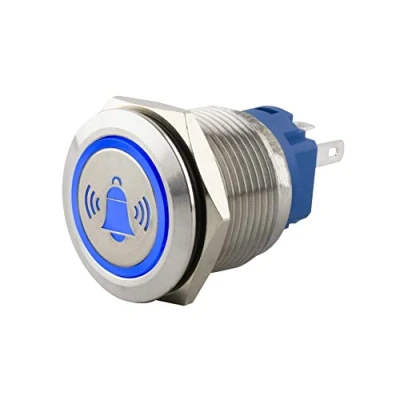Abbildung von SeKi Edelstahl Drucktaster Ø19mm tastend flacher Kopfform farbig beleuchtetem Glocken Symbol in blau Lötösen / Flachstecker 0,5x2,8 Anschluss; Klingeltaster