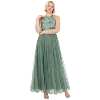 Abbildung von Maya Deluxe Damen Womens Ladies Bridesmaid Maxi Dress Halter Neck Sequin Embellished Prom Graduation Wedding Brautjungfernkleid, Tiefes Minzgrün, 50