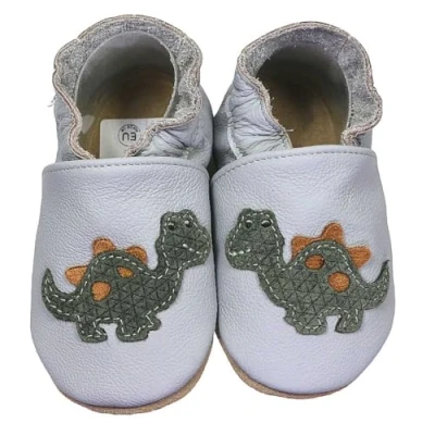 Abbildung von HOBEA Germany Krabbelschuhe für Jungs und Mädchen in verschiedenen Designs, Kinderhausschuhe Jungen, Lederschuhe, Schuhgröße:18/19, Modell Schuhe: Dino grau