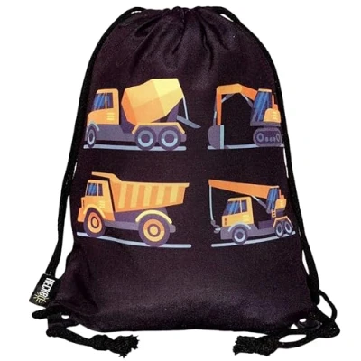Abbildung von HECKBO Kinder Jungen Turnbeutel schwarz, beidseitig mit 8 Baufahrzeugen Bedruckt 40x32cm für Kindergarten, Kindergartenrucksack