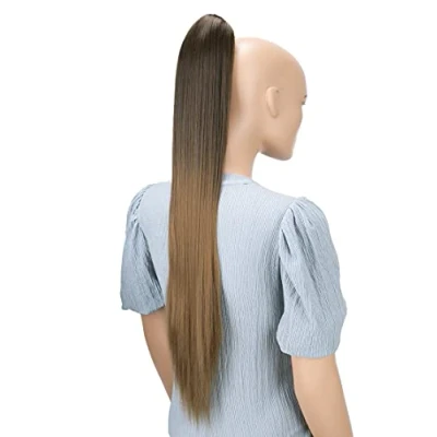 Abbildung von CAISHA 70cm Extralang Clip On Haarteil Zopf Pferdeschwanz Hitzebeständig Synthetik Glatt Ombré Braun Mix H117