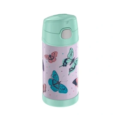Abbildung von THERMOS kids FUNTAINER STRAW BOTTLE 0,35l, butterflies, Thermosflasche für Kinder aus Edelstahl, mit Strohhalm, 12 h kalt, absolut dicht, Schule, Kindergarten, Pause