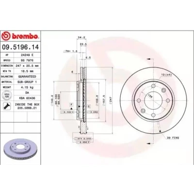Abbildung von BREMBO COATED DISC LINE 09.5196.11 Bremsscheibe 247 20,4 4 innenbelüftet beschichtet mit Schrauben PEUGEOT: 206 Hatchback, 206+ Hatchback