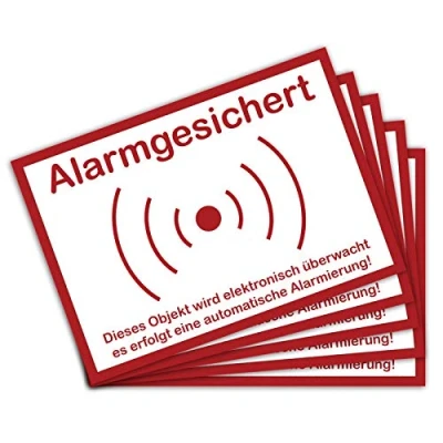 Abbildung von 5 Stück Achtung dieses Objekt ist Alarmgesichert in A6 Alarmanlage 14,8 x 10,5 cm Sticker mit UV Schutz für Außen und Innenbereich
