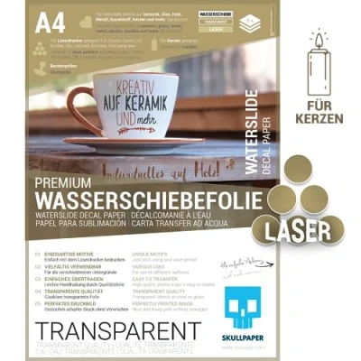 Abbildung von SKULLPAPER® Wasserschiebefolie TRANSPARENT für Laserdrucker hauchdünn DIY Decal Abziehbild Nassschiebefolie Keramik, Glas, Kerzen, Metall, Kunststoff, Modellbau (A4 8 Blatt)