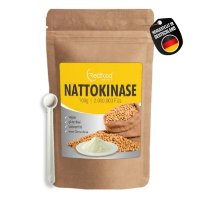 Abbildung von Nattokinase Pulver 100g Packung 2.000.000 FU&#039;s hohe Bioverfügbarkeit ohne Magnesiumstearat K1 K2 mit Analyse Zertifikat