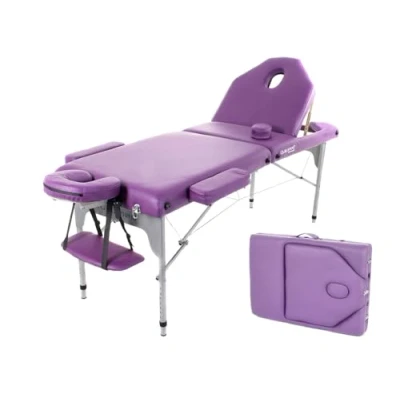 Abbildung von QUIRUMED klappbare Massageliege aus Aluminium, 186 x 66 cm, gepolstert 14 Kunstleder, Farbe Lila, höhenverstellbar, Rückenlehne, leicht, bis 150 kg