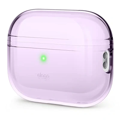 Abbildung von elago Transparente Schutzhülle, kompatibel mit Apple AirPods Pro 2. Generation, stoßfest, Gel Klebestreifen, kabelloses Laden, reduziert Vergilbung (Lavendel)