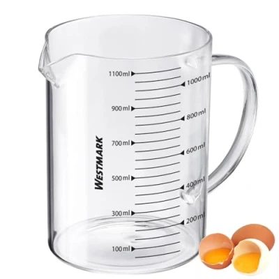 Abbildung von Westmark Messkanne aus Glas Ideal zum Abmessen von Zutaten beim Backen und Kochen, mikrowellengeeignet, temperaturbeständig, egonomischer Griff 1,1 Liter